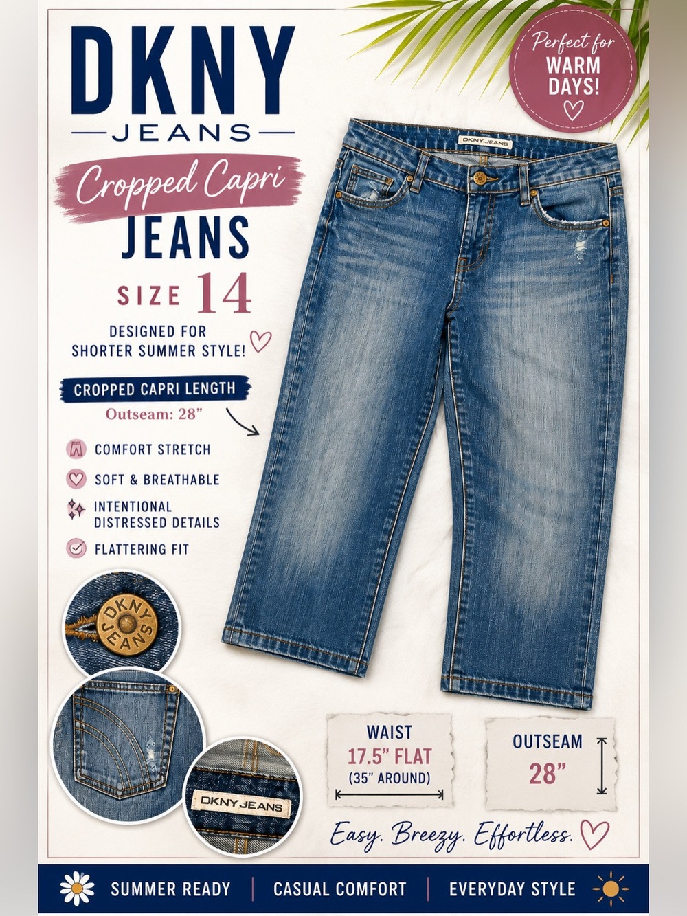 DKNY Jeans Women’s Size 14 Blue Wash Cropped Capri Stretch Denim Jeans Distresse